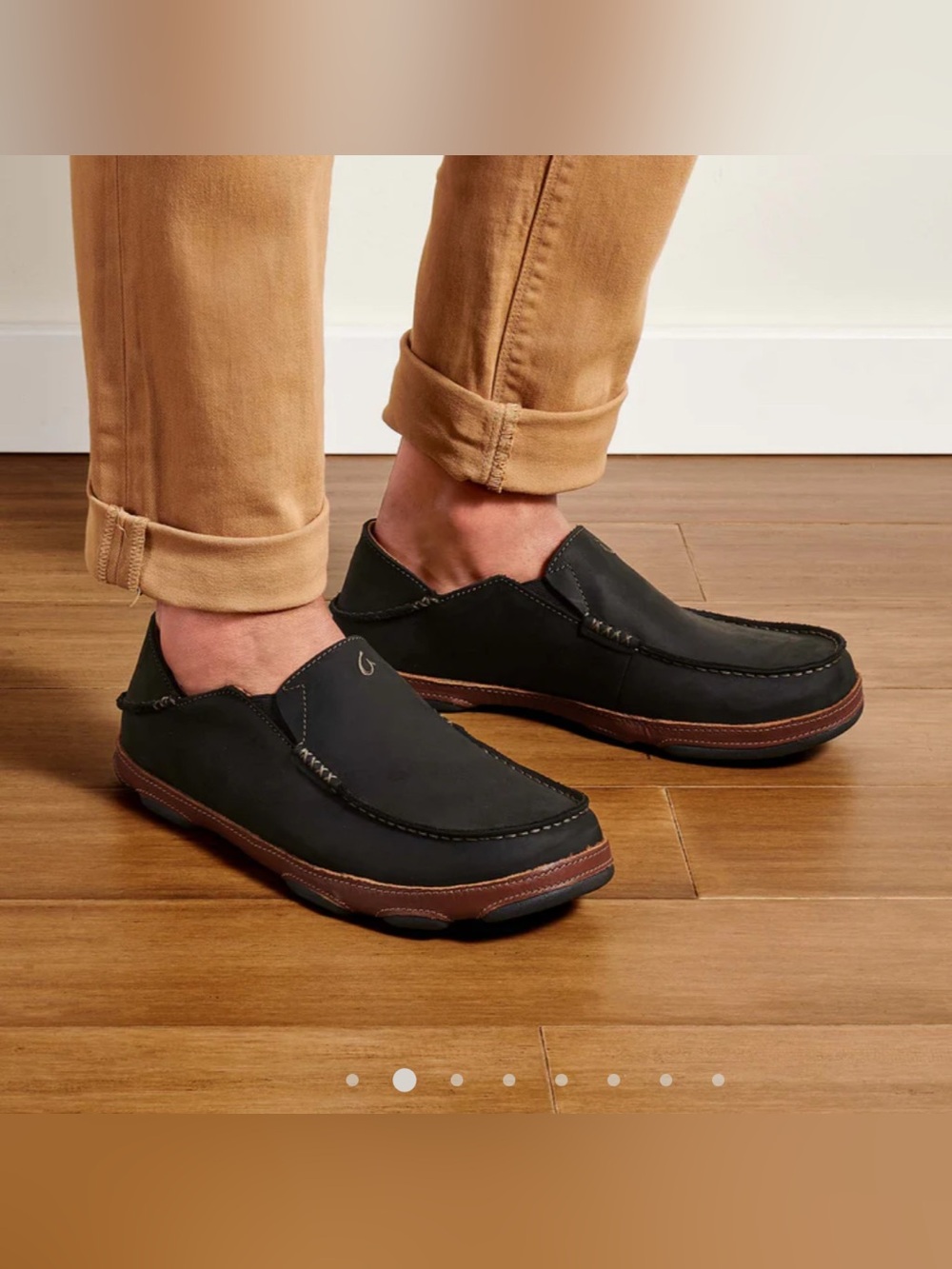 OluKai Men's Black Slip-On Loafers with Brown Trim